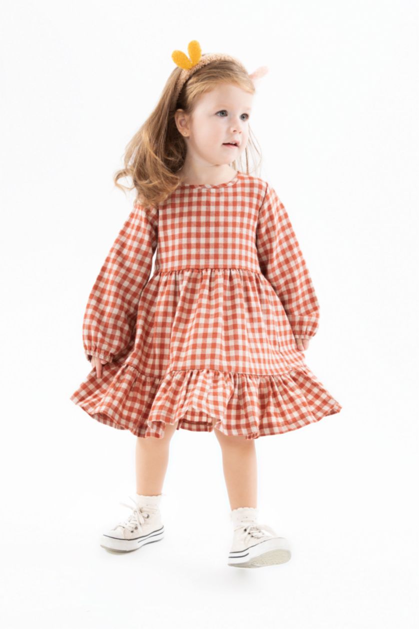 Baby Girl Orange Regular Fit Plaid Long Sleeve Woven Dress
