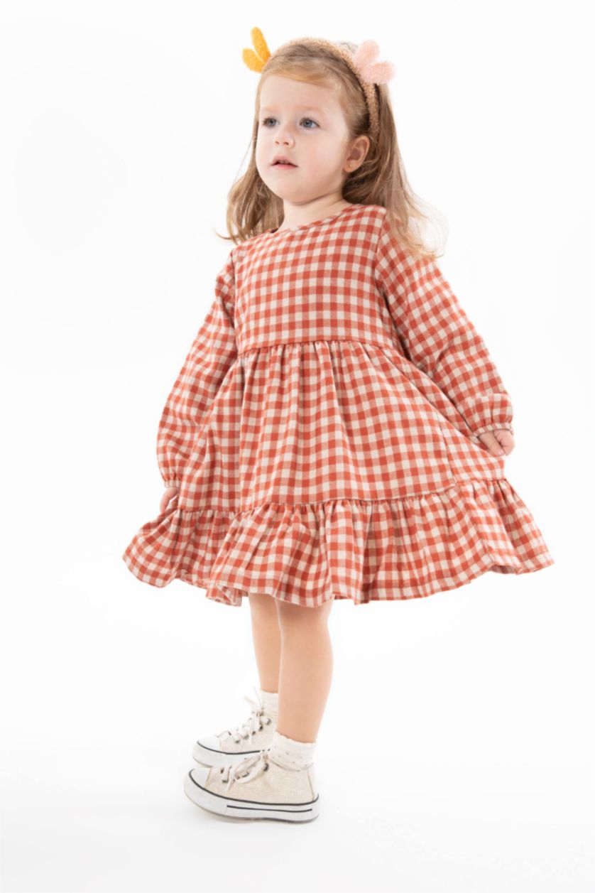 Baby Girl Orange Regular Fit Plaid Long Sleeve Woven Dress