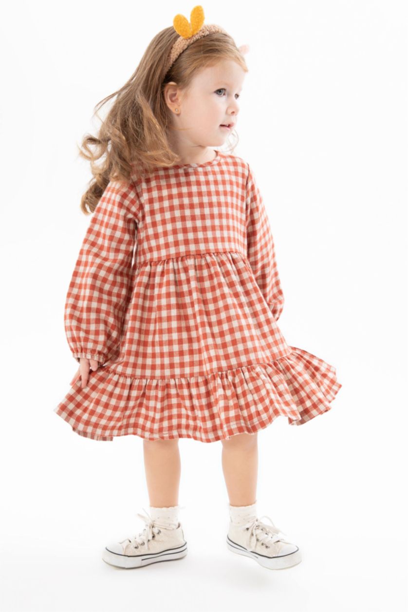 Baby Girl Orange Regular Fit Plaid Long Sleeve Woven Dress