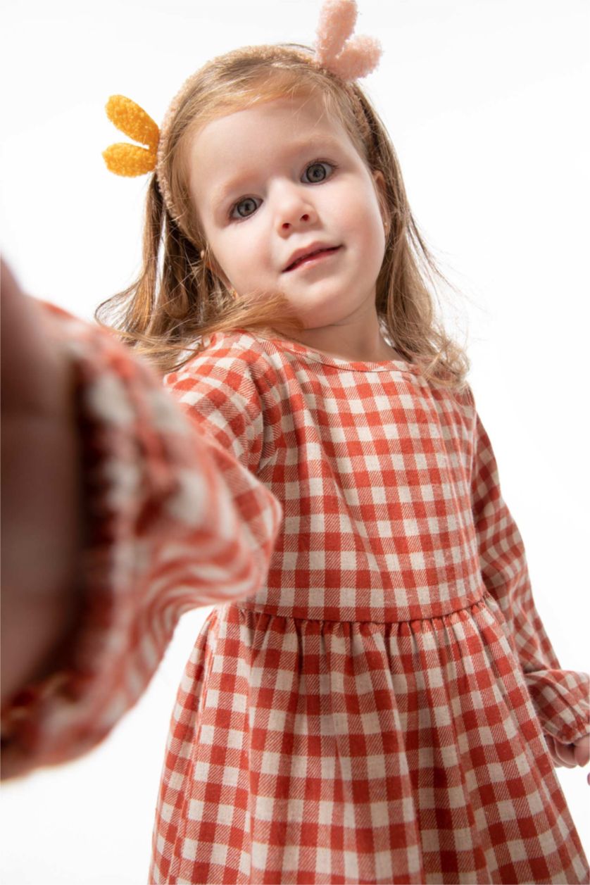 Baby Girl Orange Regular Fit Plaid Long Sleeve Woven Dress
