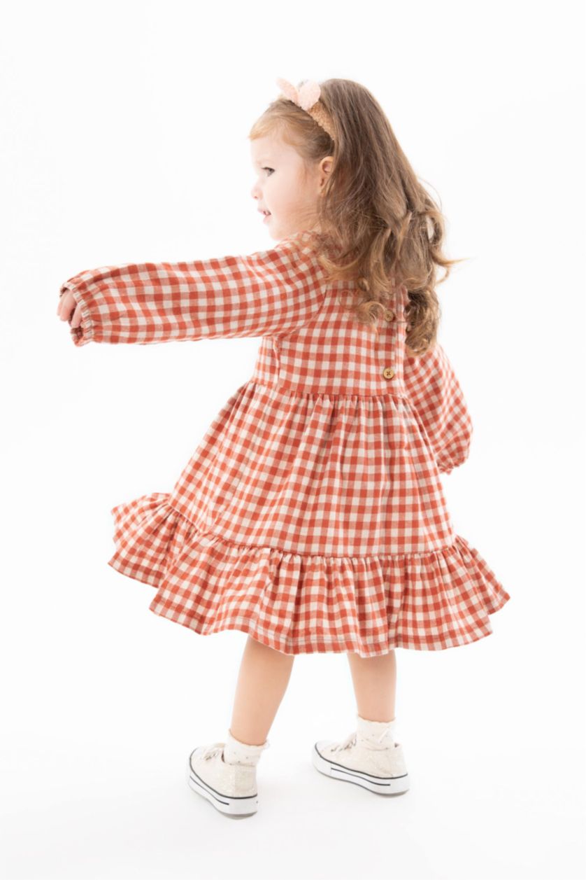Baby Girl Orange Regular Fit Plaid Long Sleeve Woven Dress