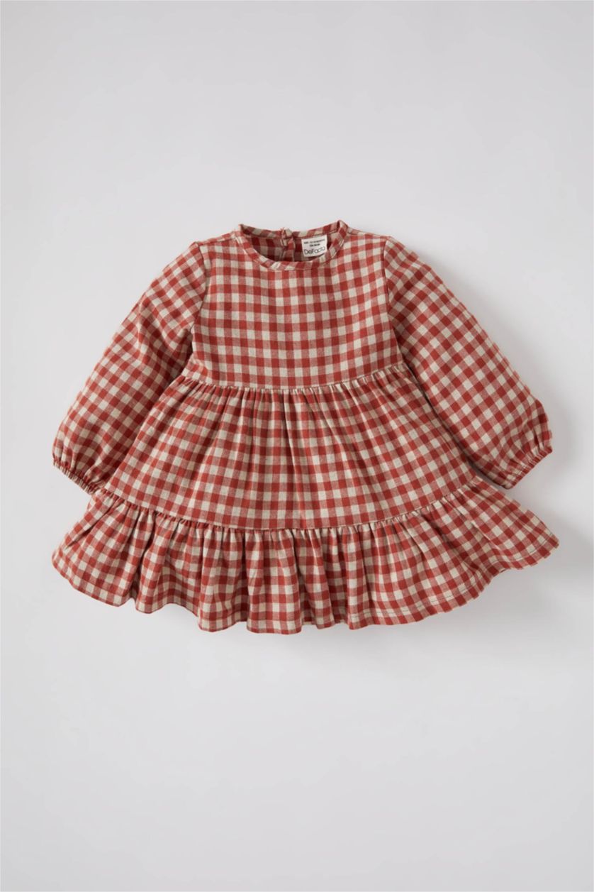 Baby Girl Orange Regular Fit Plaid Long Sleeve Woven Dress