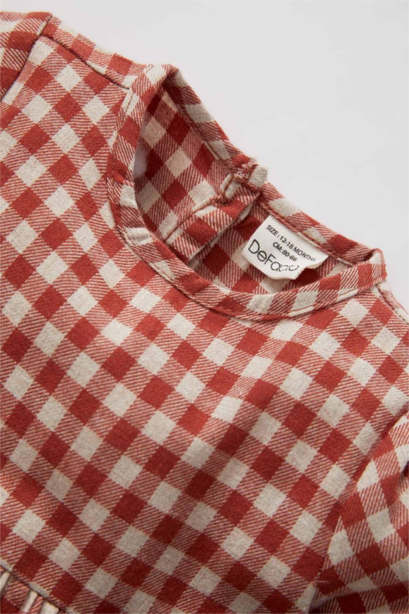 Baby Girl Orange Regular Fit Plaid Long Sleeve Woven Dress