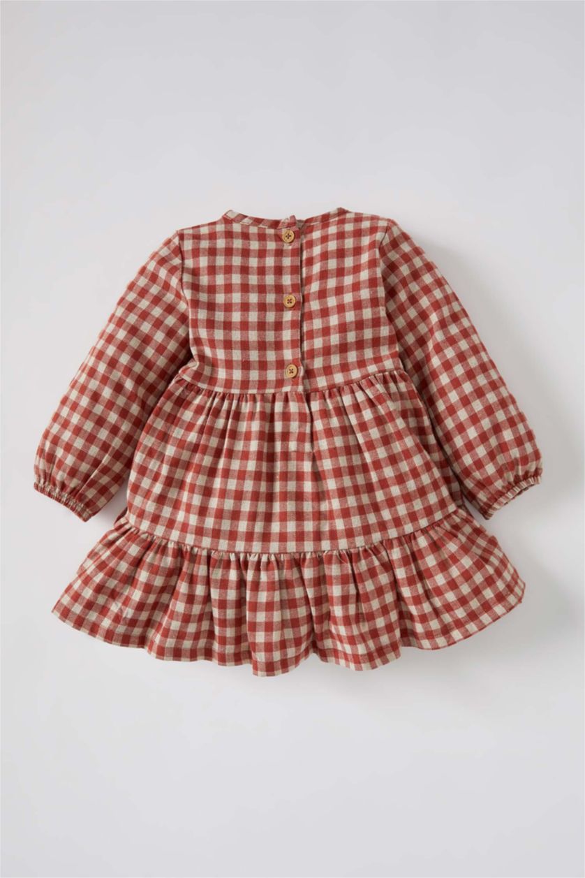 Baby Girl Orange Regular Fit Plaid Long Sleeve Woven Dress
