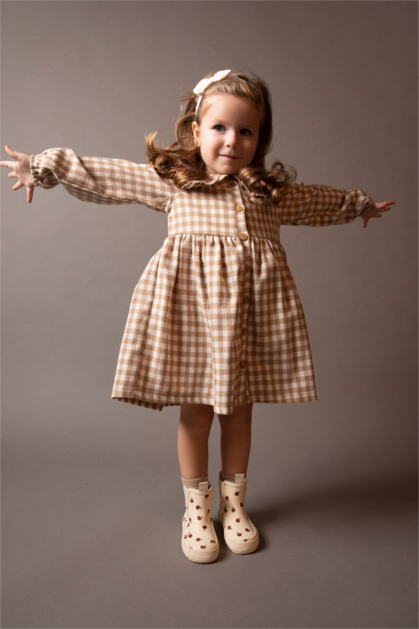 BÉBÉ FILLE Beige Robe Flanelle Carreaux Grand col Manche Longue