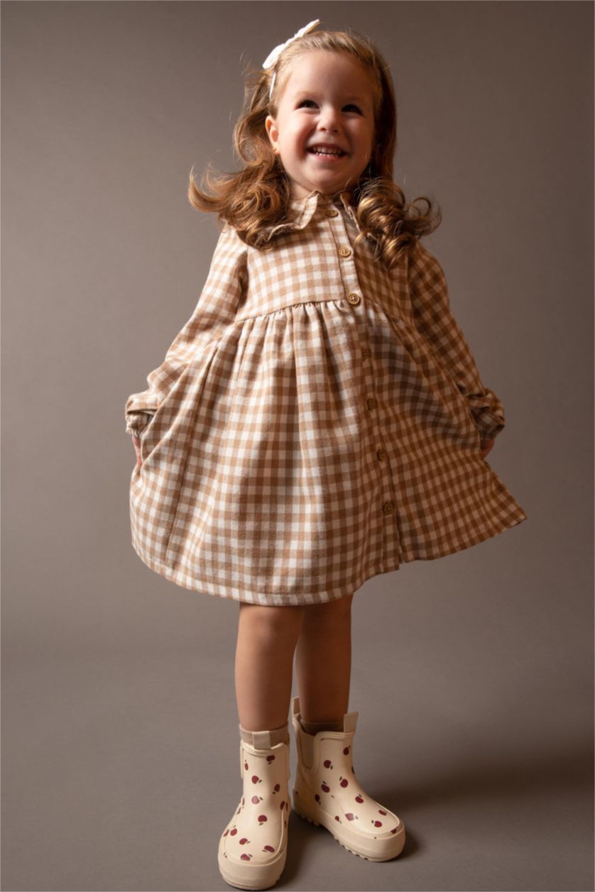 BÉBÉ FILLE Beige Robe Flanelle Carreaux Grand col Manche Longue