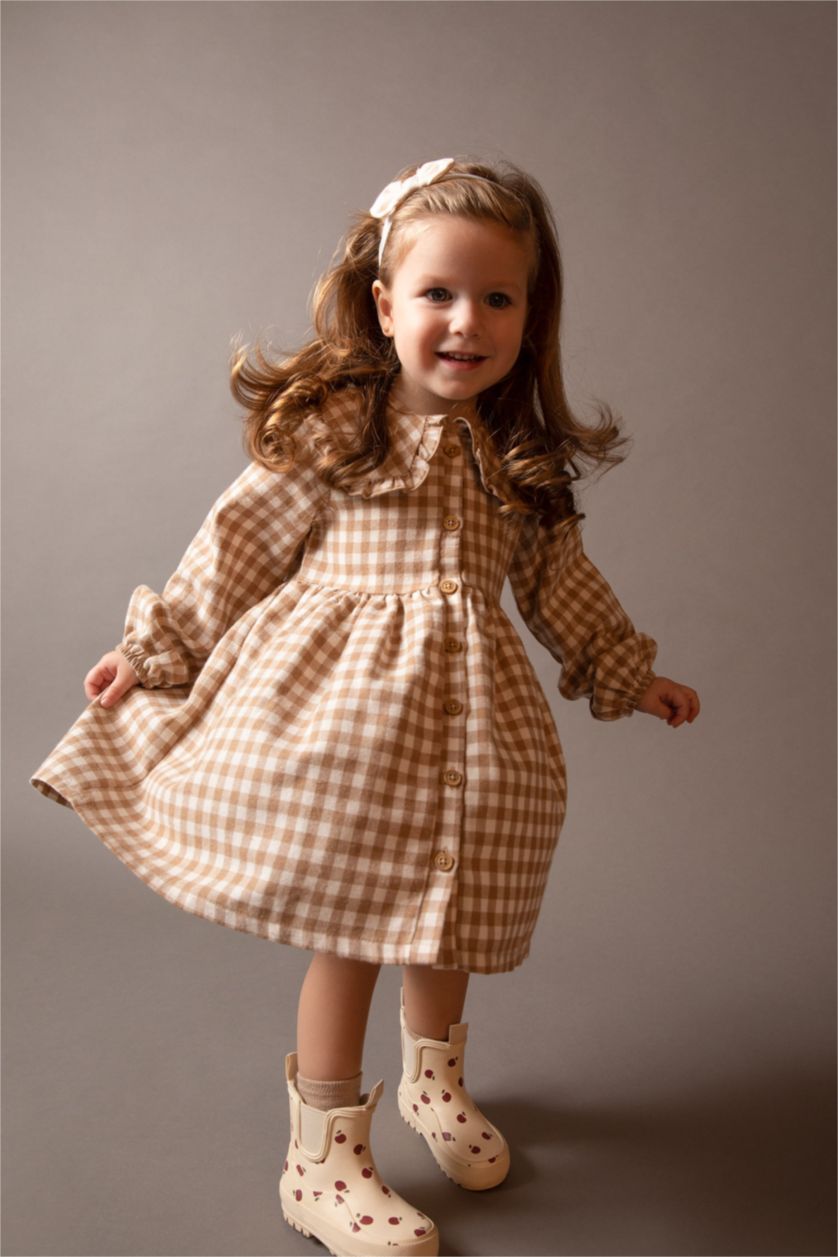 BÉBÉ FILLE Beige Robe Flanelle Carreaux Grand col Manche Longue