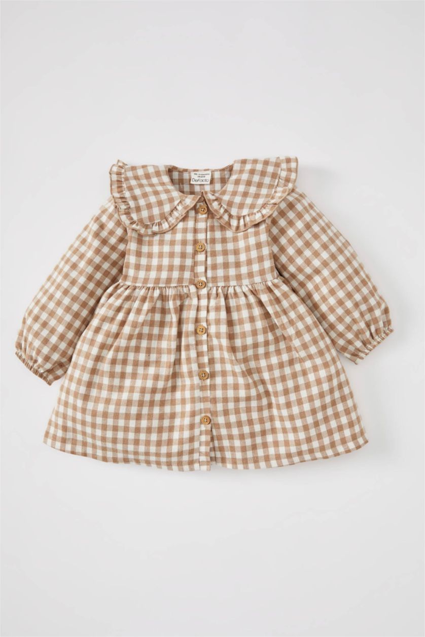 BÉBÉ FILLE Beige Robe Flanelle Carreaux Grand col Manche Longue