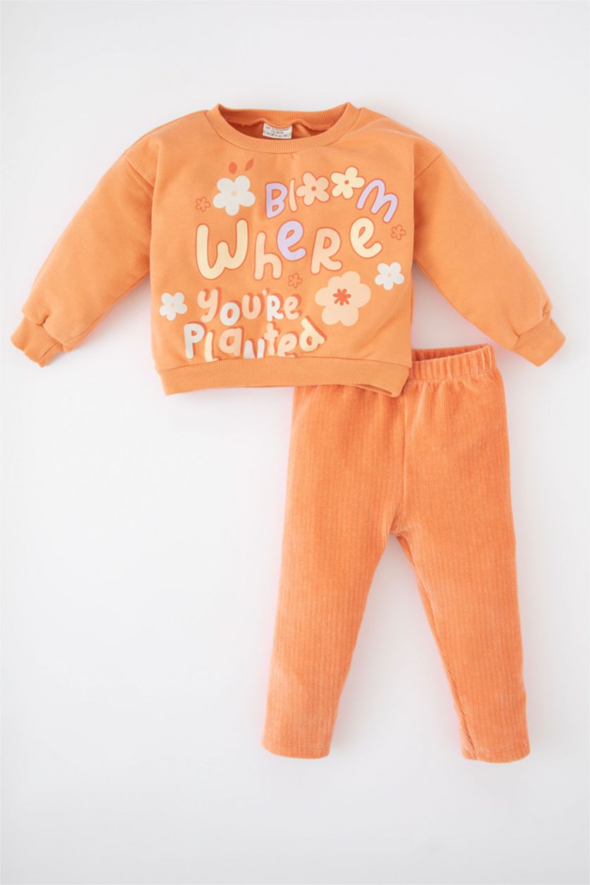 BABY GIRL Orange طقم قماش رقيق قصة عادية
