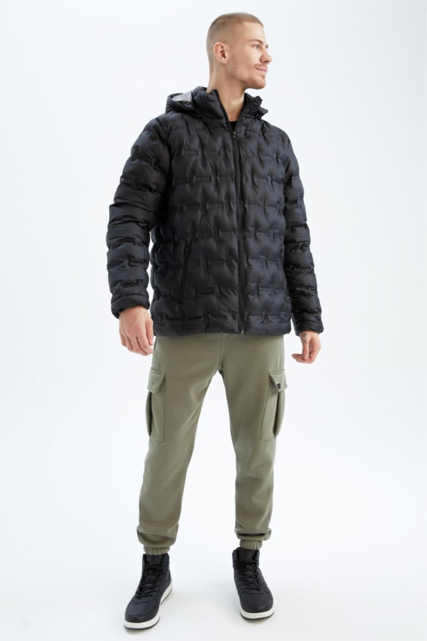 MAN Black Windproof Water Repellent Defacto Fit Hooded Puffer Jacket