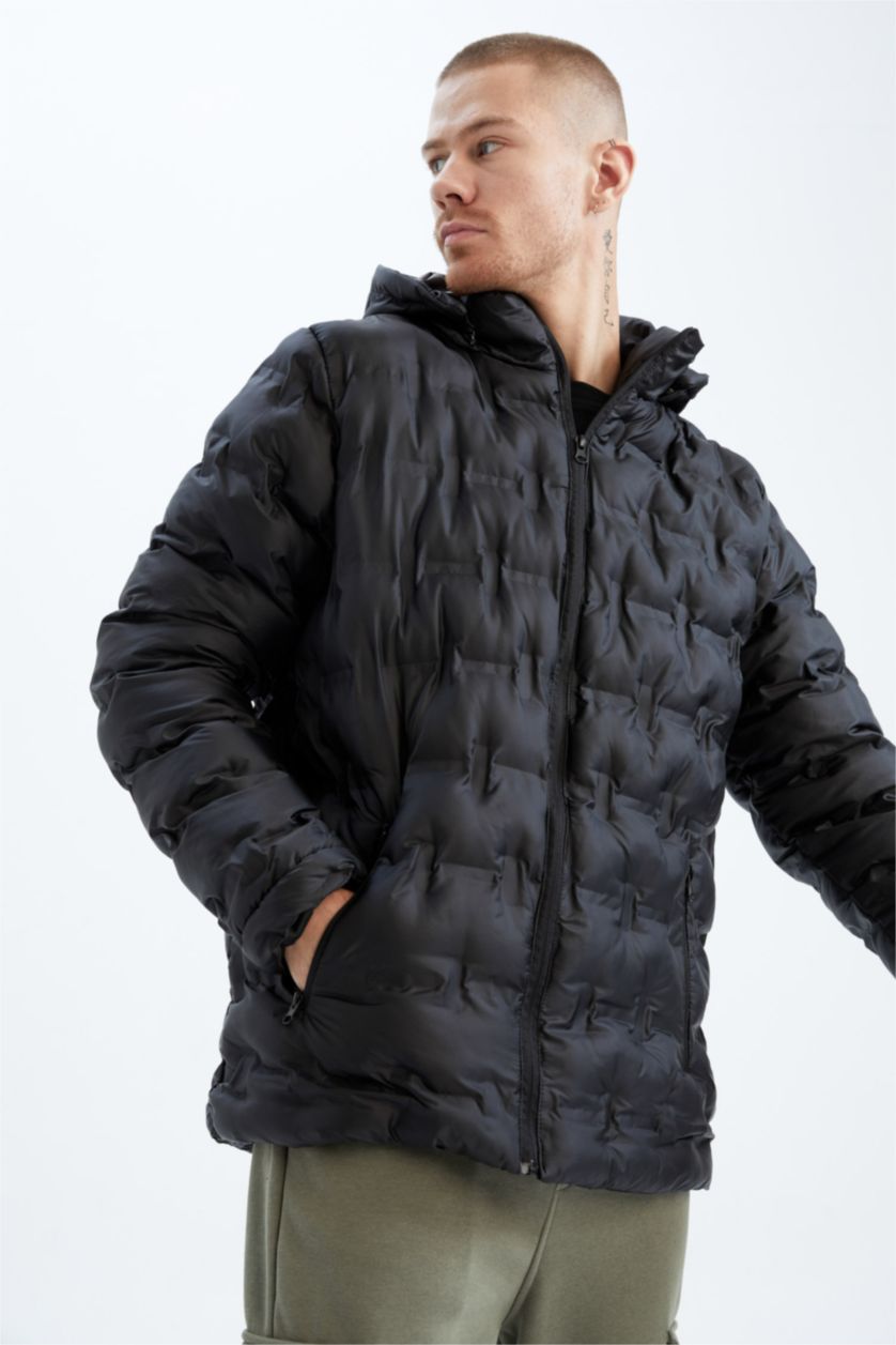 MAN Black Windproof Water Repellent Defacto Fit Hooded Puffer Jacket