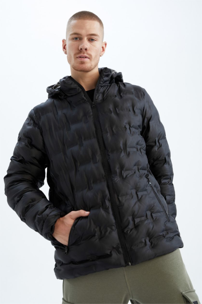 MAN Black Windproof Water Repellent Defacto Fit Hooded Puffer Jacket