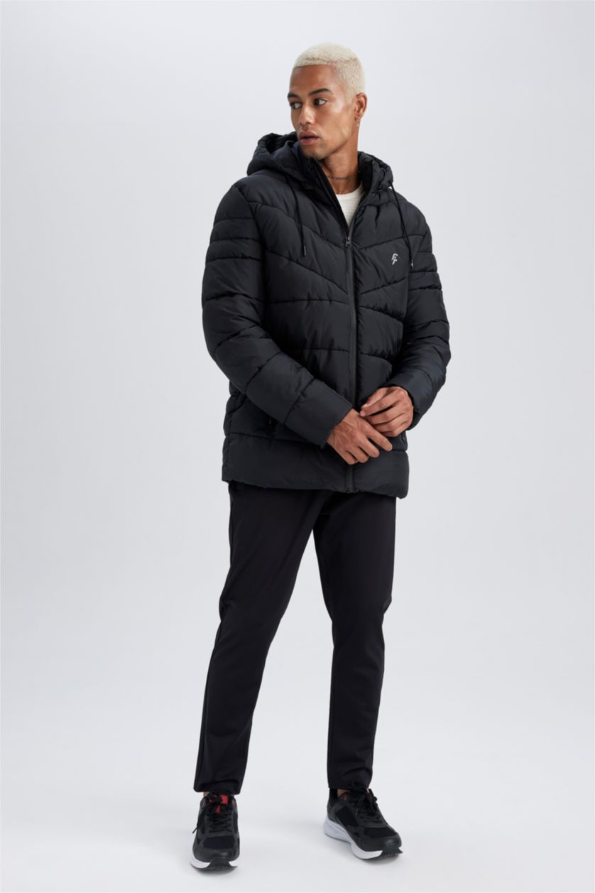 Erkek Siyah DeFactoFit  Su İtici Kapüşonlu Suni Kürklü Şişme Mont