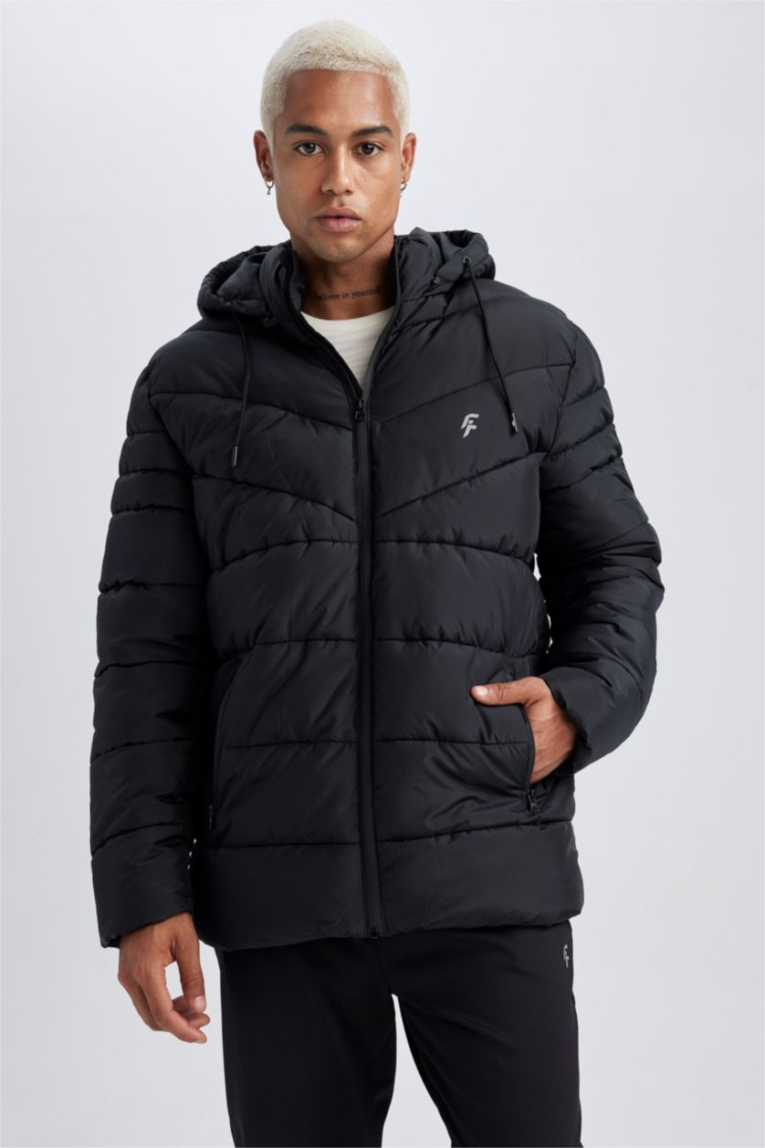 Erkek Siyah DeFactoFit  Su İtici Kapüşonlu Suni Kürklü Şişme Mont