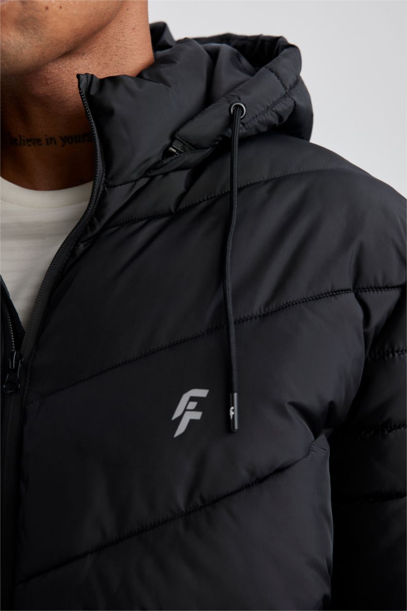 Erkek Siyah DeFactoFit  Su İtici Kapüşonlu Suni Kürklü Şişme Mont