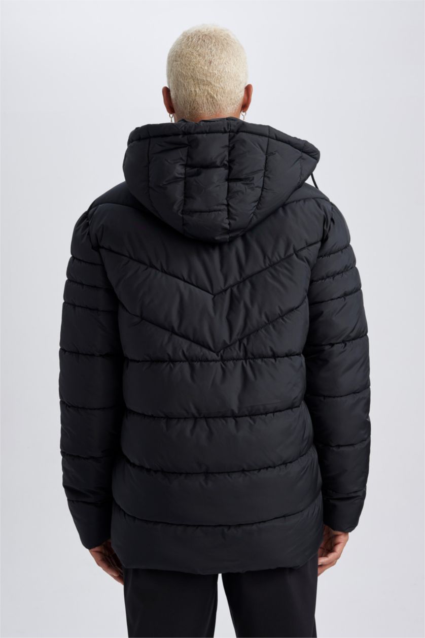 Erkek Siyah DeFactoFit  Su İtici Kapüşonlu Suni Kürklü Şişme Mont