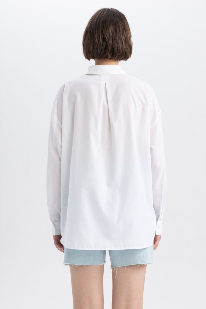 نساء أبيض قميص كم طويل فوال اوفر سايز بياقة قميص