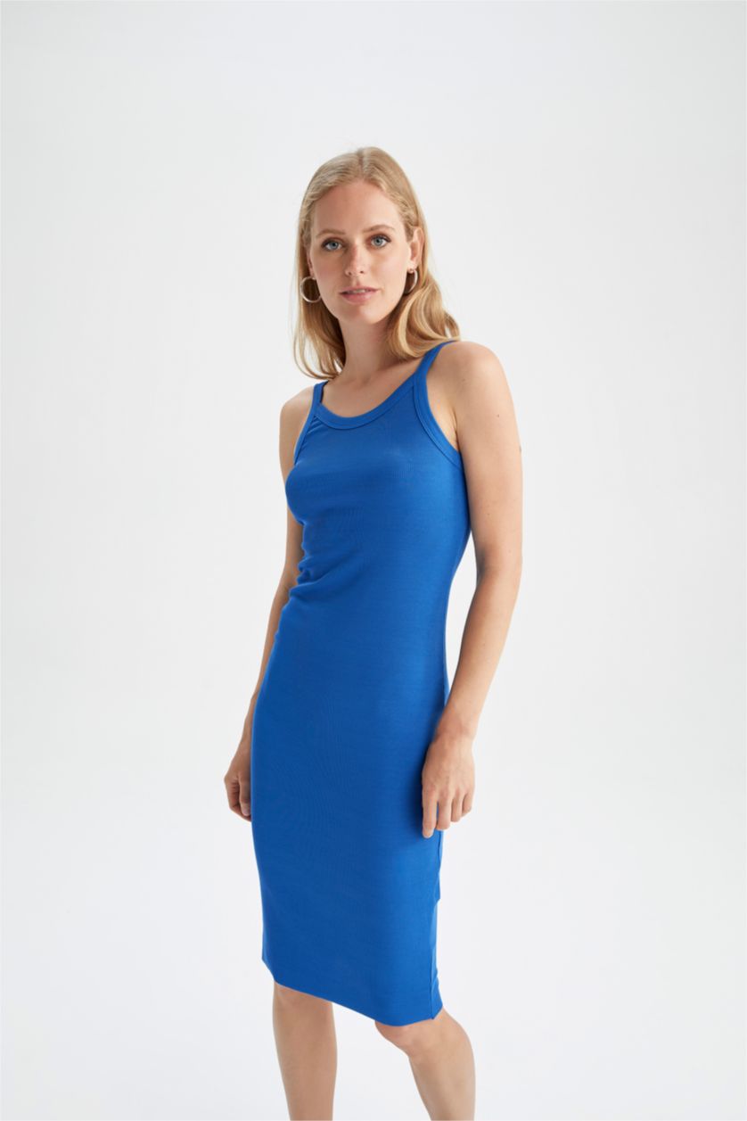 نساء أزرق فاقع فستان ميدي بأكمام قصيرة وحمالات