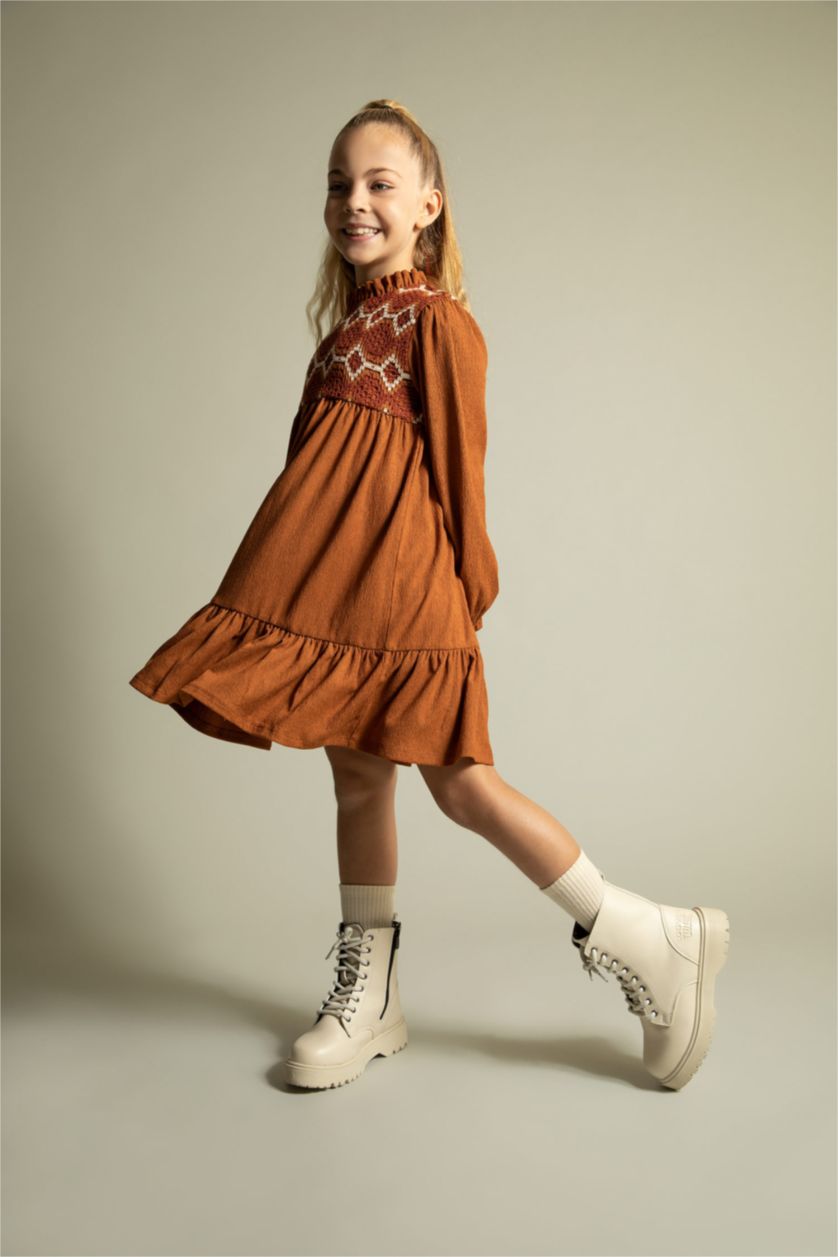 بناتي كامل فستان بناتي من قماش الكريب بأكمام طويلة