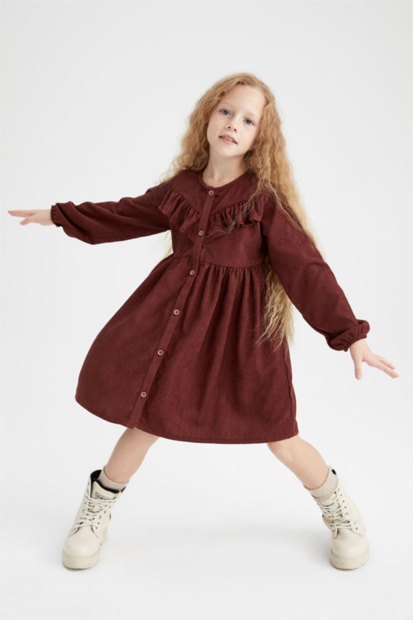 FILLES Bordeaux Robe Velours Côtelé Manche Longue