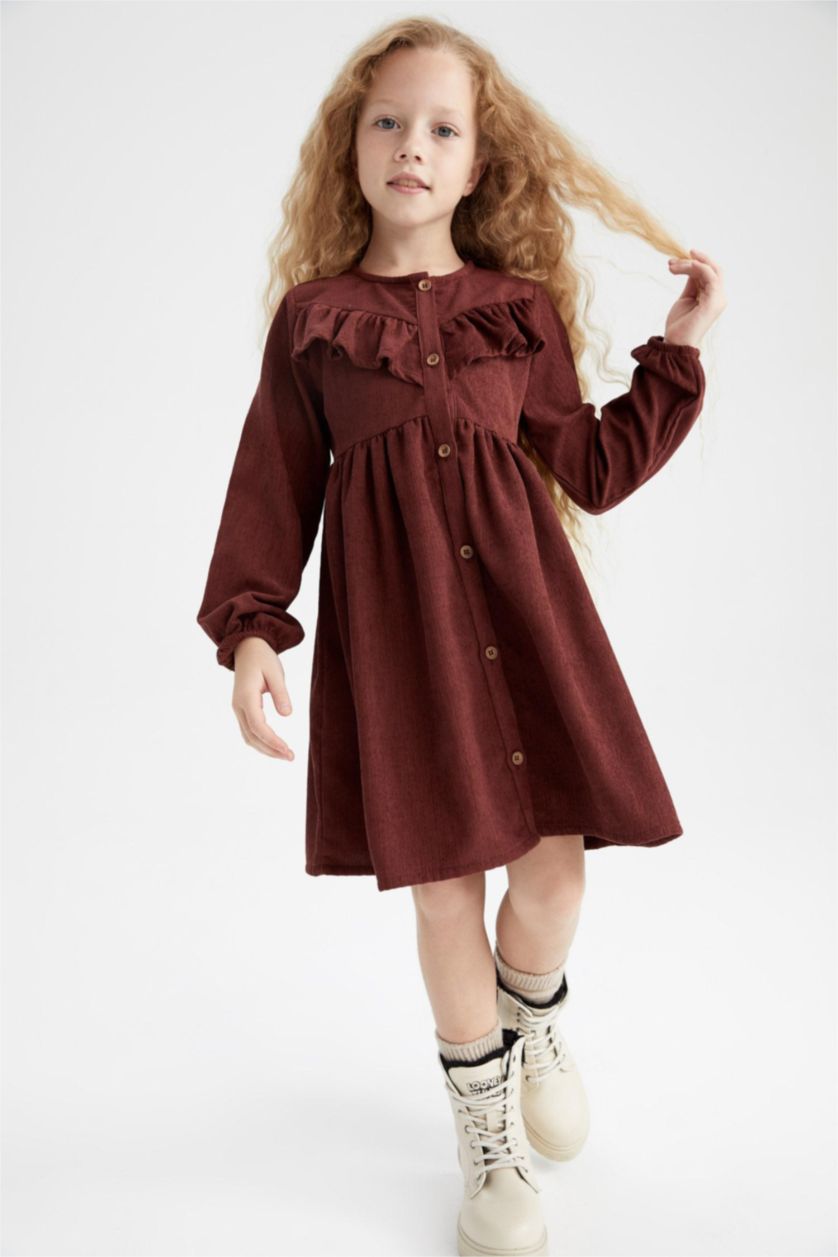 FILLES Bordeaux Robe Velours Côtelé Manche Longue