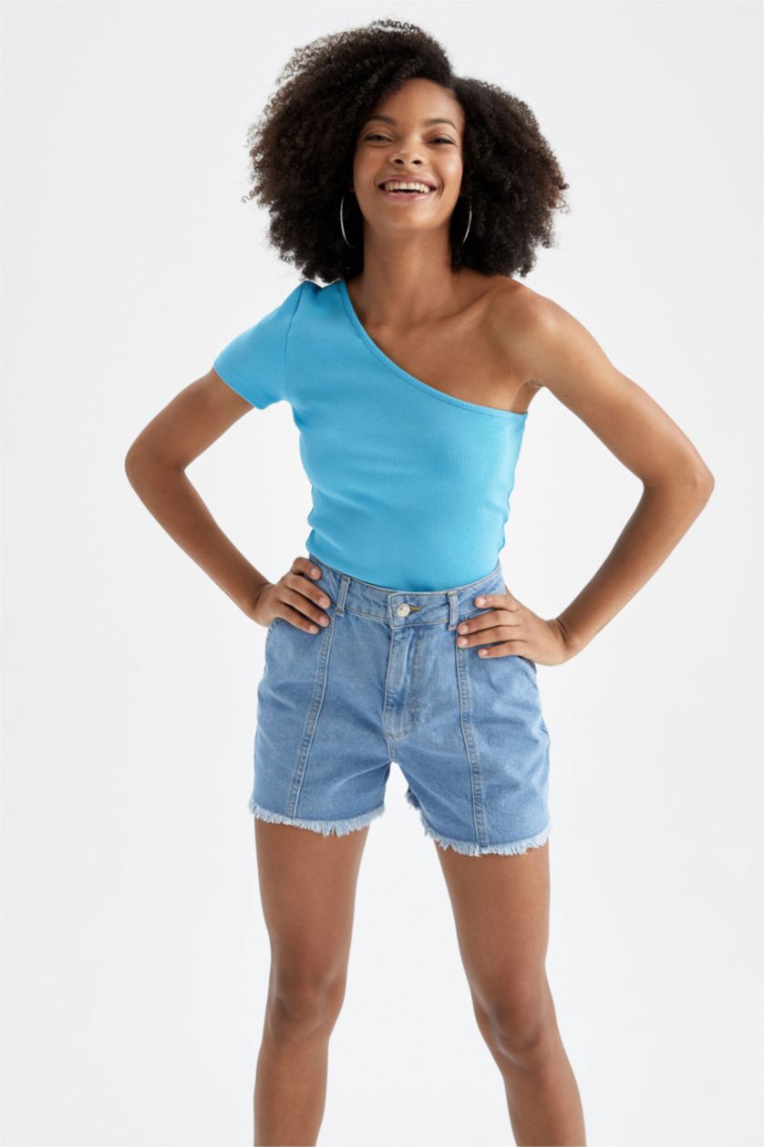 Женщины Бирюзовый Футболка с коротким рукавом приталенного кроя с открытым плечом для женщин