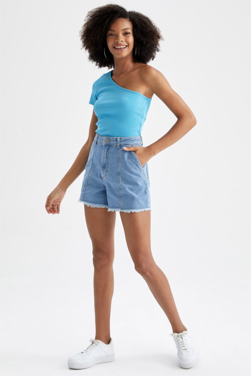 Женщины Бирюзовый Футболка с коротким рукавом приталенного кроя с открытым плечом для женщин