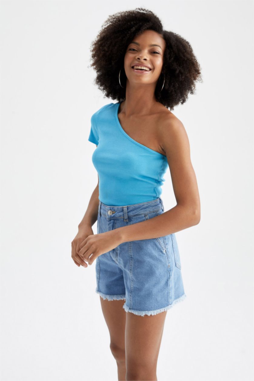 Женщины Бирюзовый Футболка с коротким рукавом приталенного кроя с открытым плечом для женщин