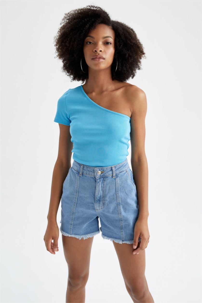 Женщины Бирюзовый Футболка с коротким рукавом приталенного кроя с открытым плечом для женщин