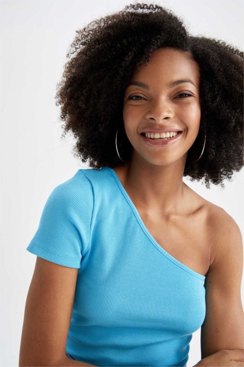 Женщины Бирюзовый Футболка с коротким рукавом приталенного кроя с открытым плечом для женщин