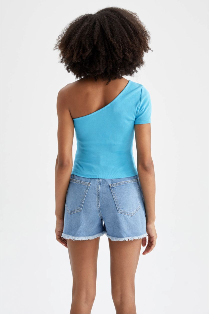 Женщины Бирюзовый Футболка с коротким рукавом приталенного кроя с открытым плечом для женщин