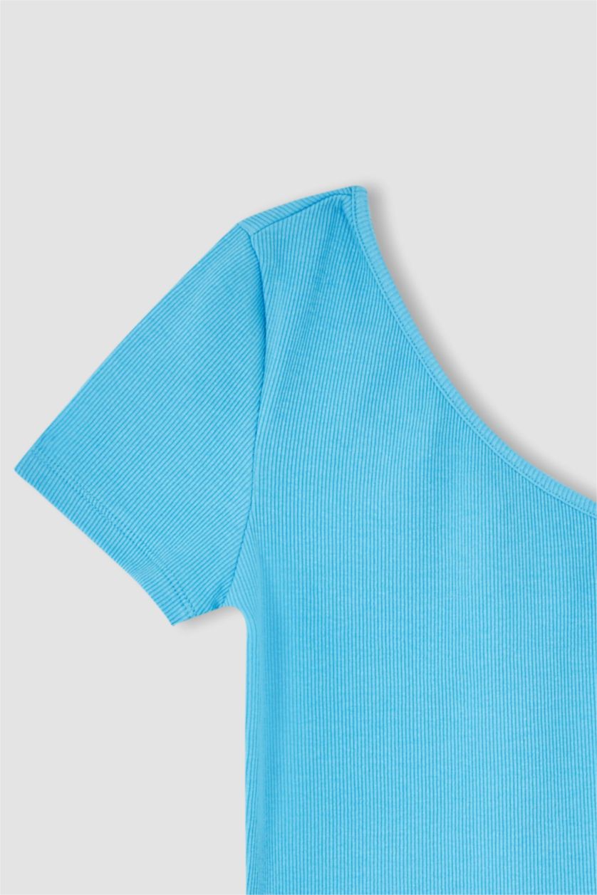 Женщины Бирюзовый Футболка с коротким рукавом приталенного кроя с открытым плечом для женщин