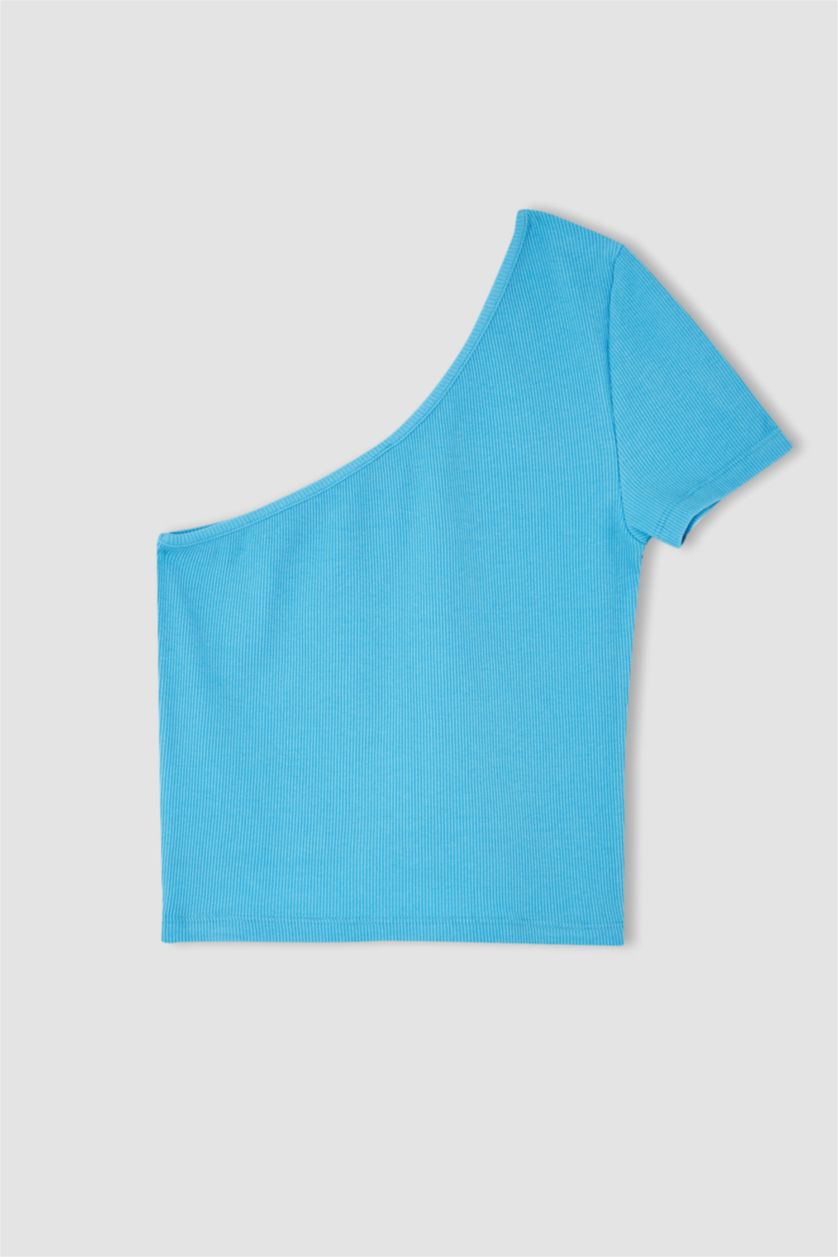 Женщины Бирюзовый Футболка с коротким рукавом приталенного кроя с открытым плечом для женщин