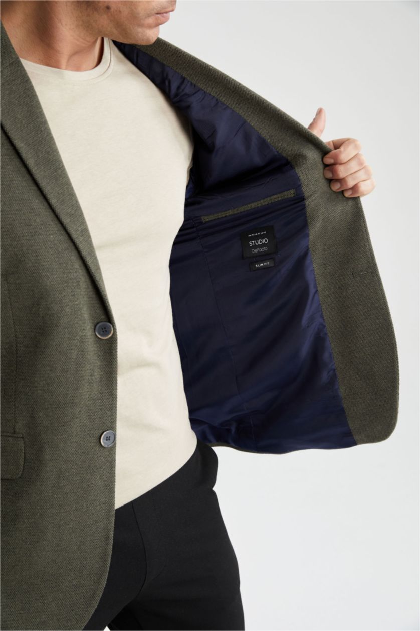 رجالي كاكي جاكيت بليزر مبطن سليم فيت