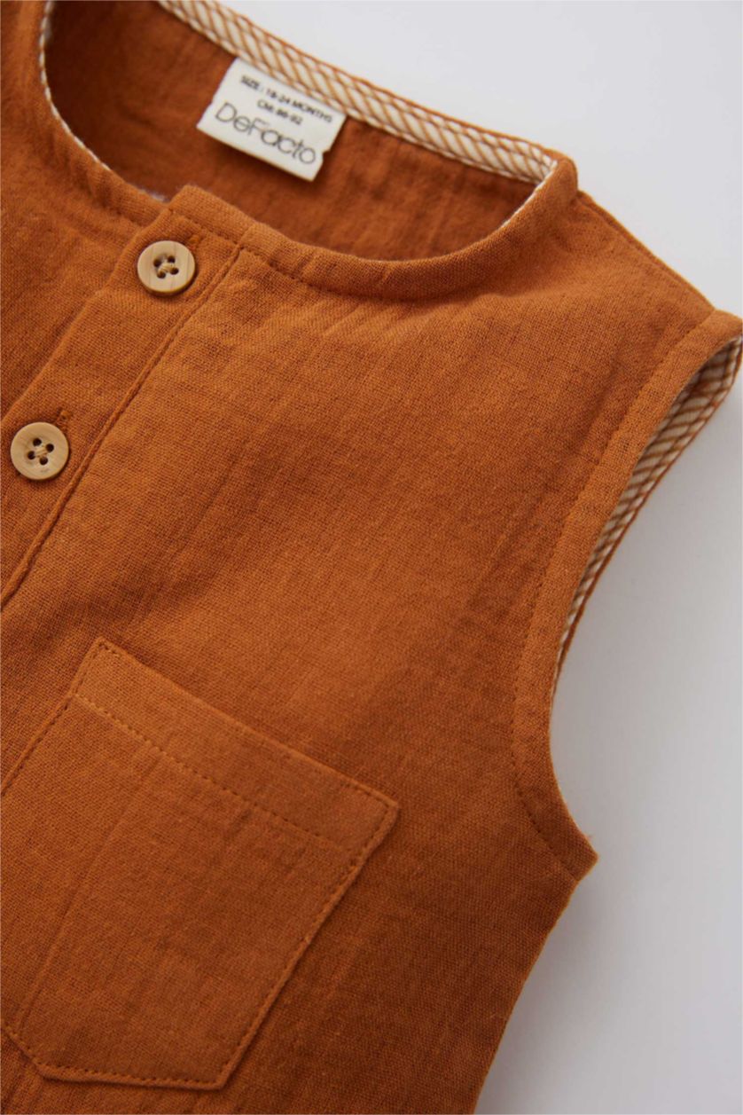 BABY BOY Kahve Baby Boy Muslin Sleeveless Jumpsuit Hat Set