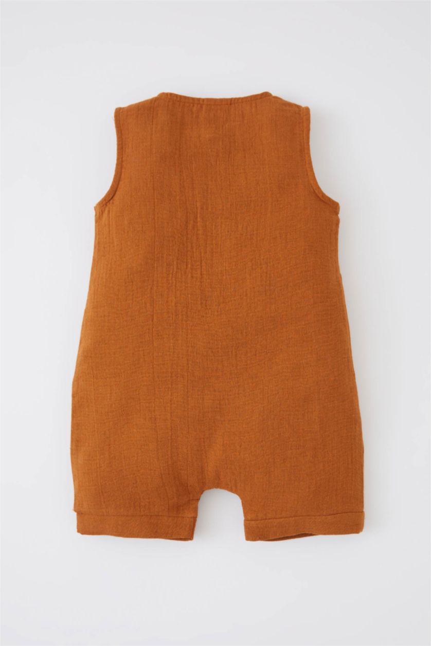 BABY BOY Kahve Baby Boy Muslin Sleeveless Jumpsuit Hat Set