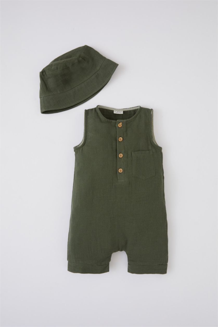 BÉBÉ GARÇON Kaki Salopette Basique 2 Pièces En Mousseline À Col Rond Coupe Classique