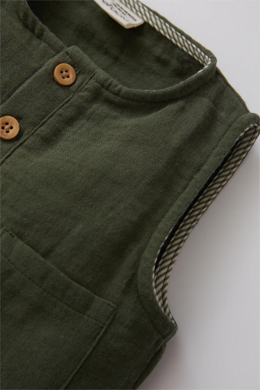 BÉBÉ GARÇON Kaki Salopette Basique 2 Pièces En Mousseline À Col Rond Coupe Classique