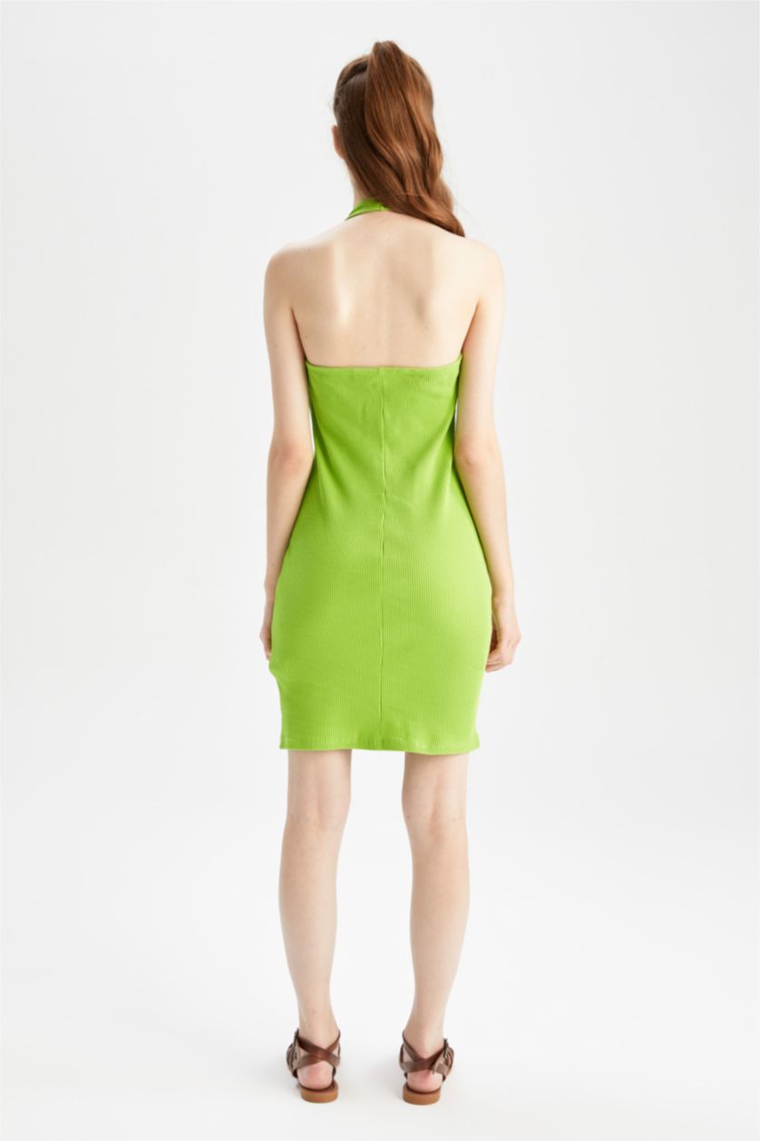 نساء أخضر فستان قصير بيزك مضلع بديكون بياخة V