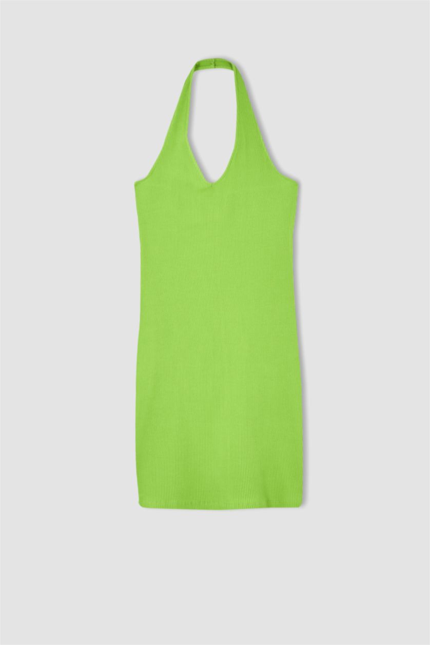 نساء أخضر فستان قصير بيزك مضلع بديكون بياخة V