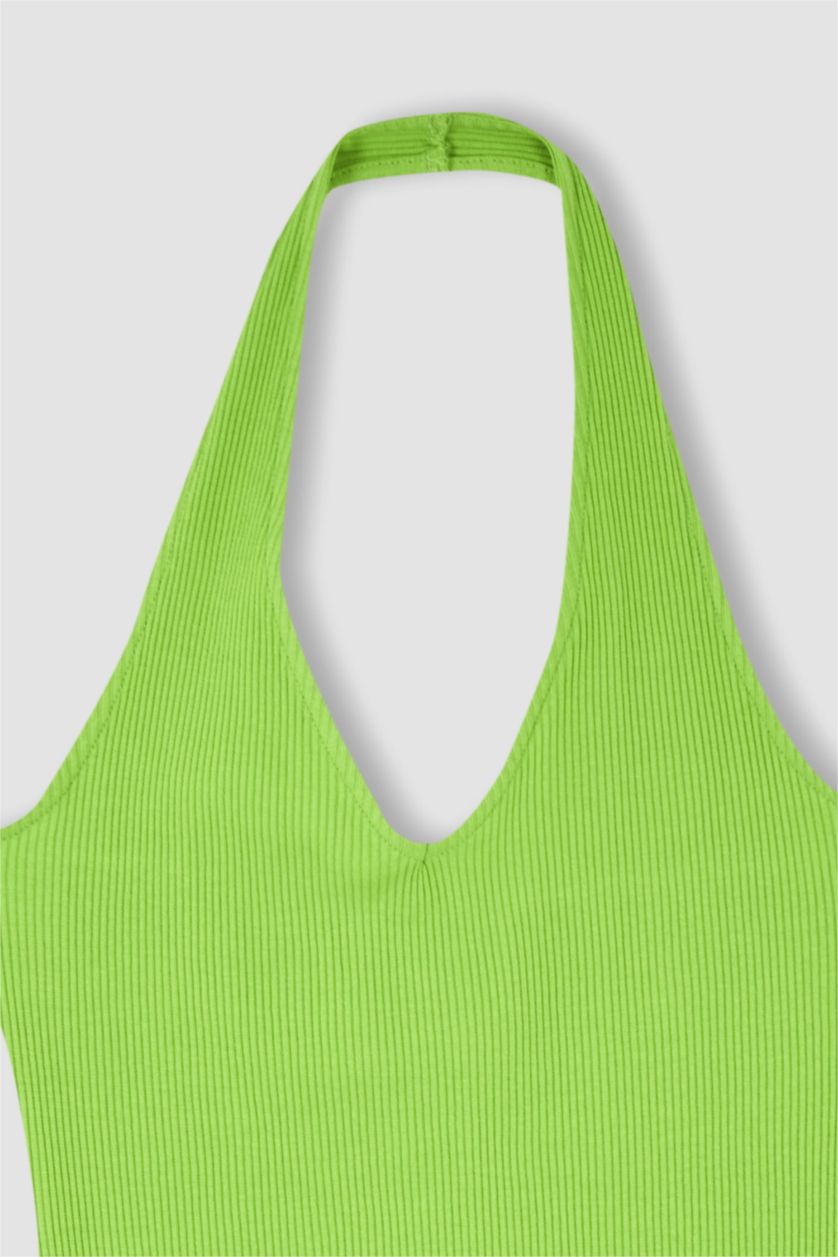 نساء أخضر فستان قصير بيزك مضلع بديكون بياخة V