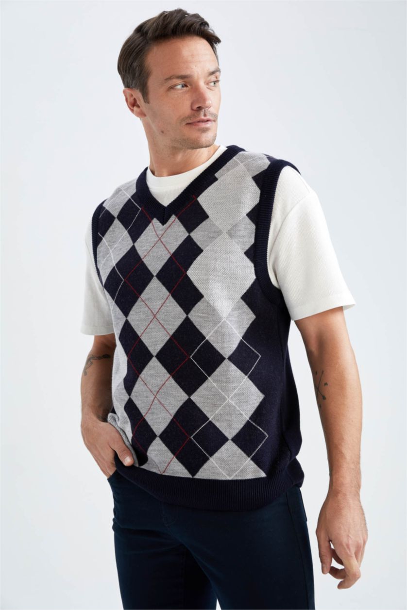 رجال كحلي بلوز صوف بدون أكمام بقصة عادية