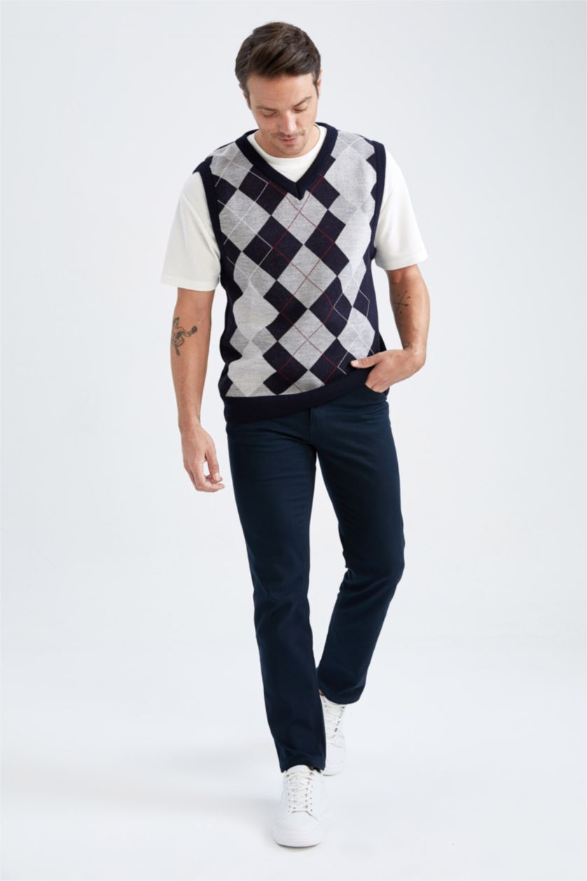 رجال كحلي بلوز صوف بدون أكمام بقصة عادية