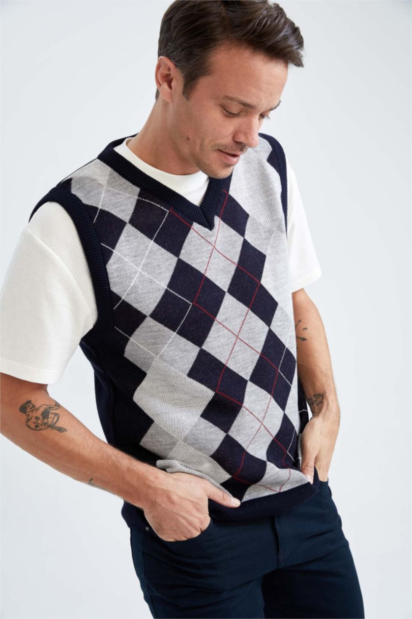 رجال كحلي بلوز صوف بدون أكمام بقصة عادية