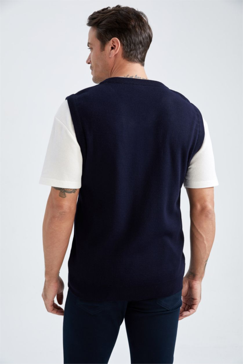 رجال كحلي بلوز صوف بدون أكمام بقصة عادية