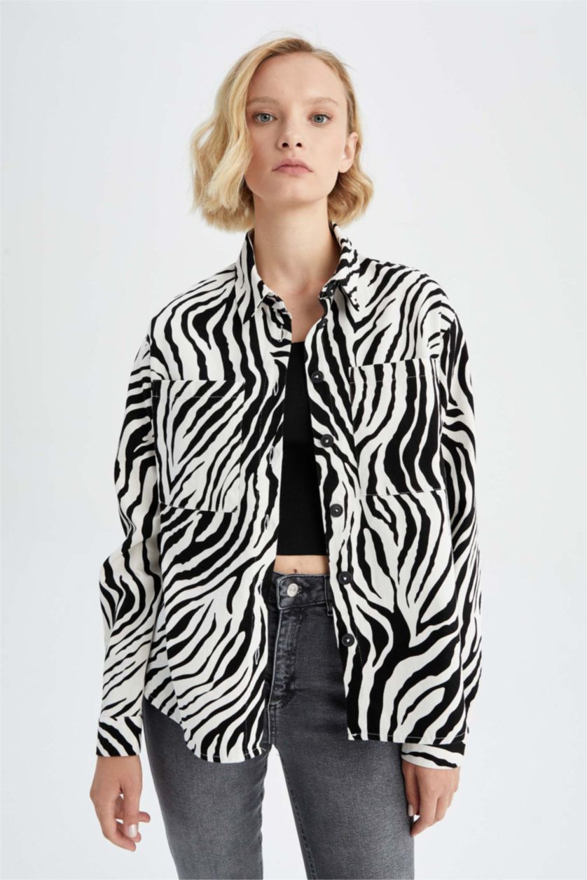 WOMAN Black Oversize Fit Gabardine Long Sleeve Shirt