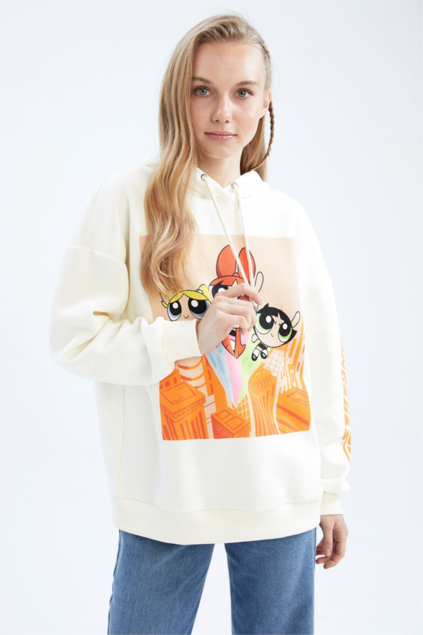Kadın Bej Coool PowerPuff Girls Oversize Fit Kapüşonlu Sweatshirt
