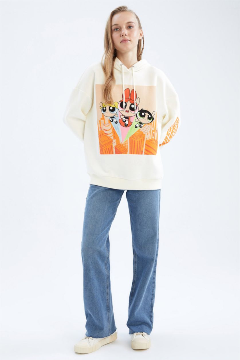 Kadın Bej Coool PowerPuff Girls Oversize Fit Kapüşonlu Sweatshirt