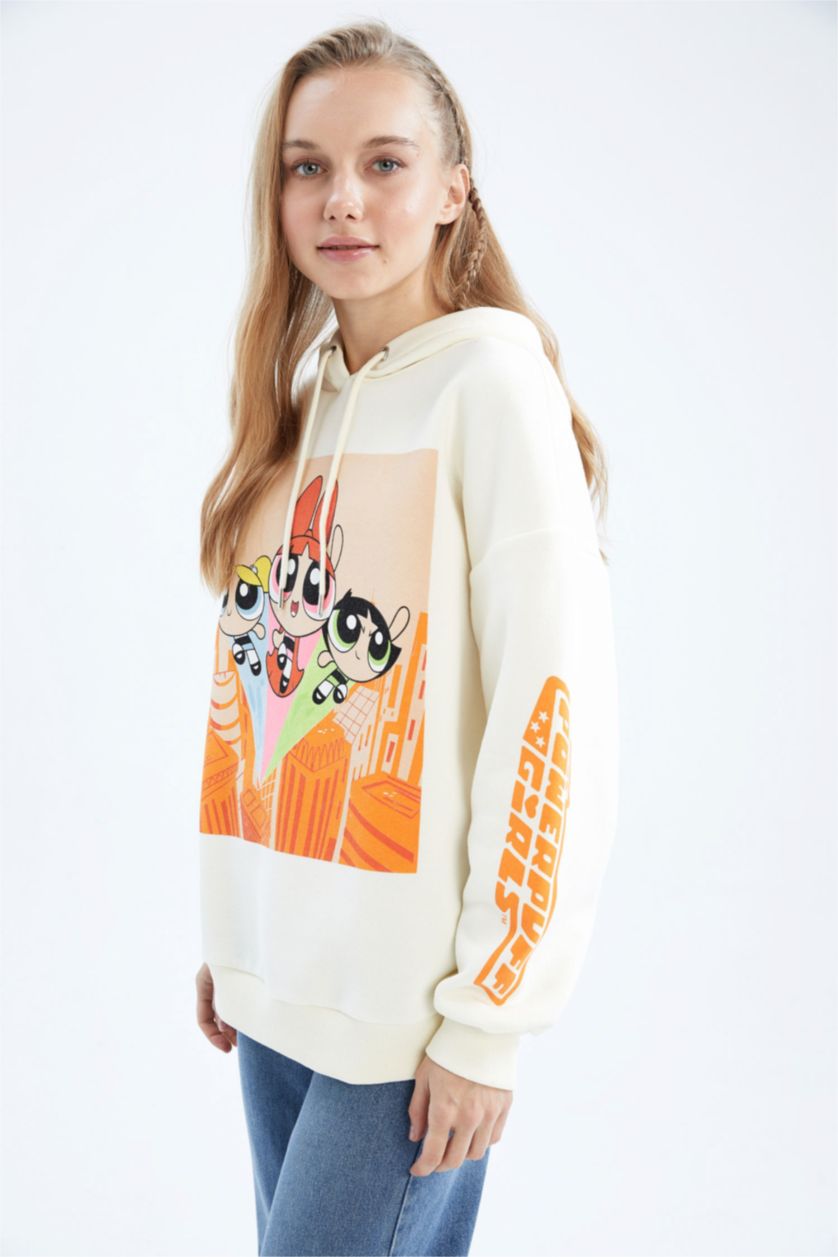 Kadın Bej Coool PowerPuff Girls Oversize Fit Kapüşonlu Sweatshirt