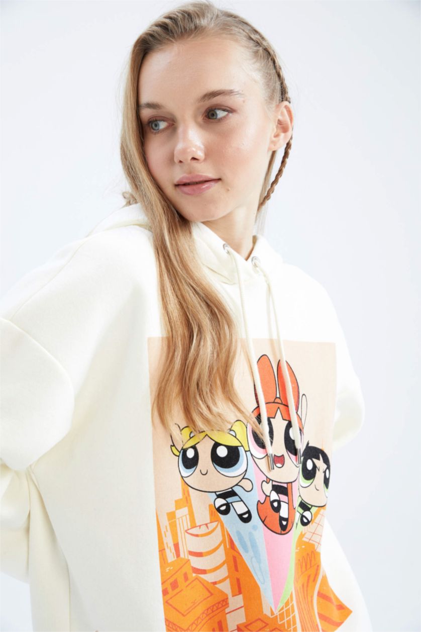Kadın Bej Coool PowerPuff Girls Oversize Fit Kapüşonlu Sweatshirt